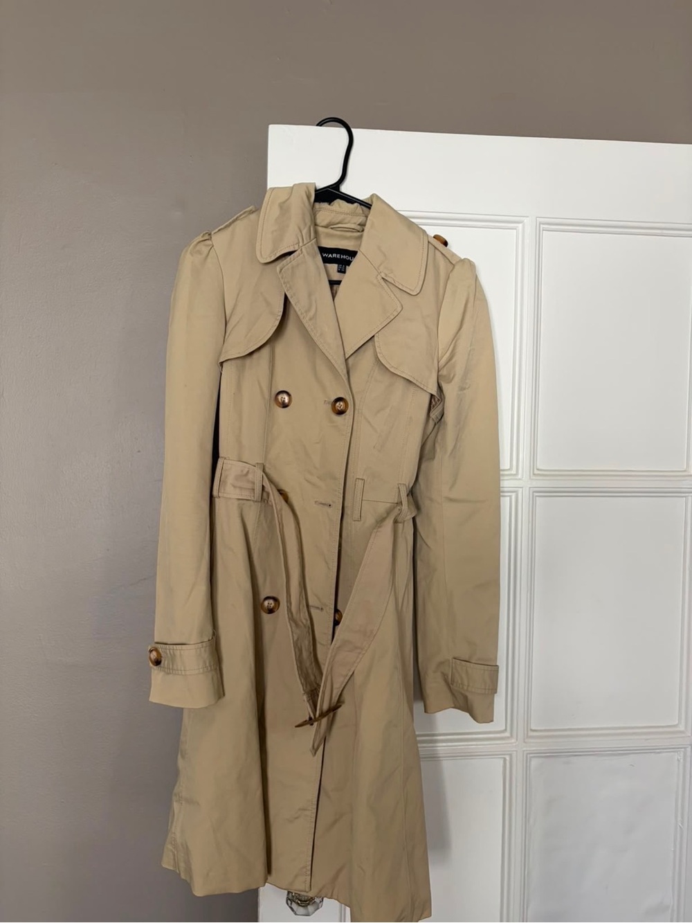 Warehouse Beige Double-Breasted Trench Coat with Tie Belt